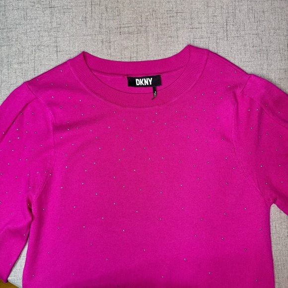 DKNY Pink Studded Crewneck Sweater Donna Karan Embellished Electric Pink Medium - Picture 11 of 15
